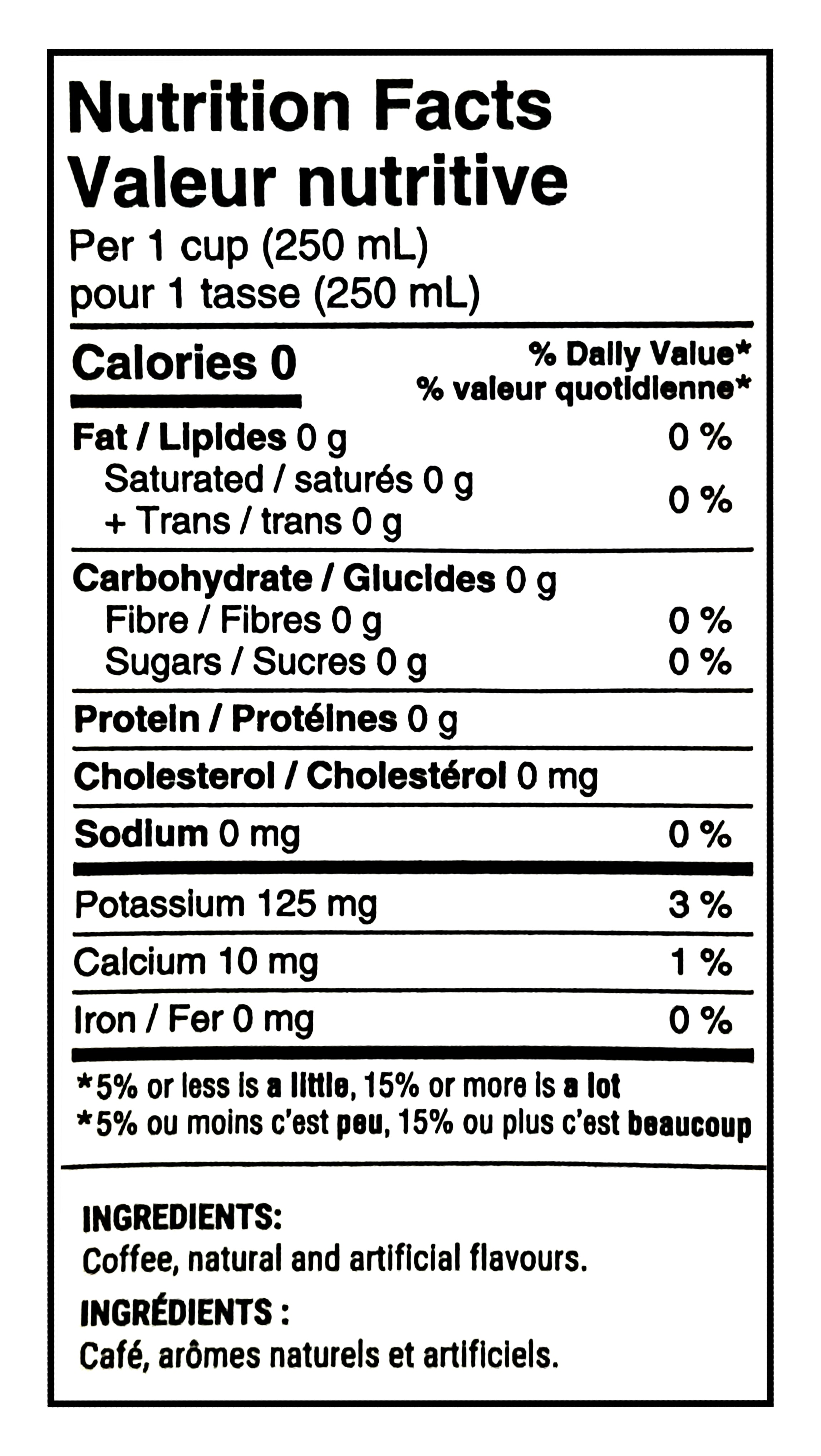 Nutrition facts label for Zavida Premium Hazelnut Vanilla Ground Coffee, 340g/12 oz with 0 calories, 0 fat, 0 carbs, 0 protein, and no sodium.