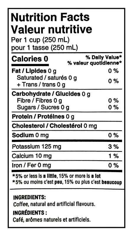 Nutrition facts label for Zavida Premium Hazelnut Vanilla Ground Coffee, 340g/12 oz with 0 calories, 0 fat, 0 carbs, 0 protein, and no sodium.