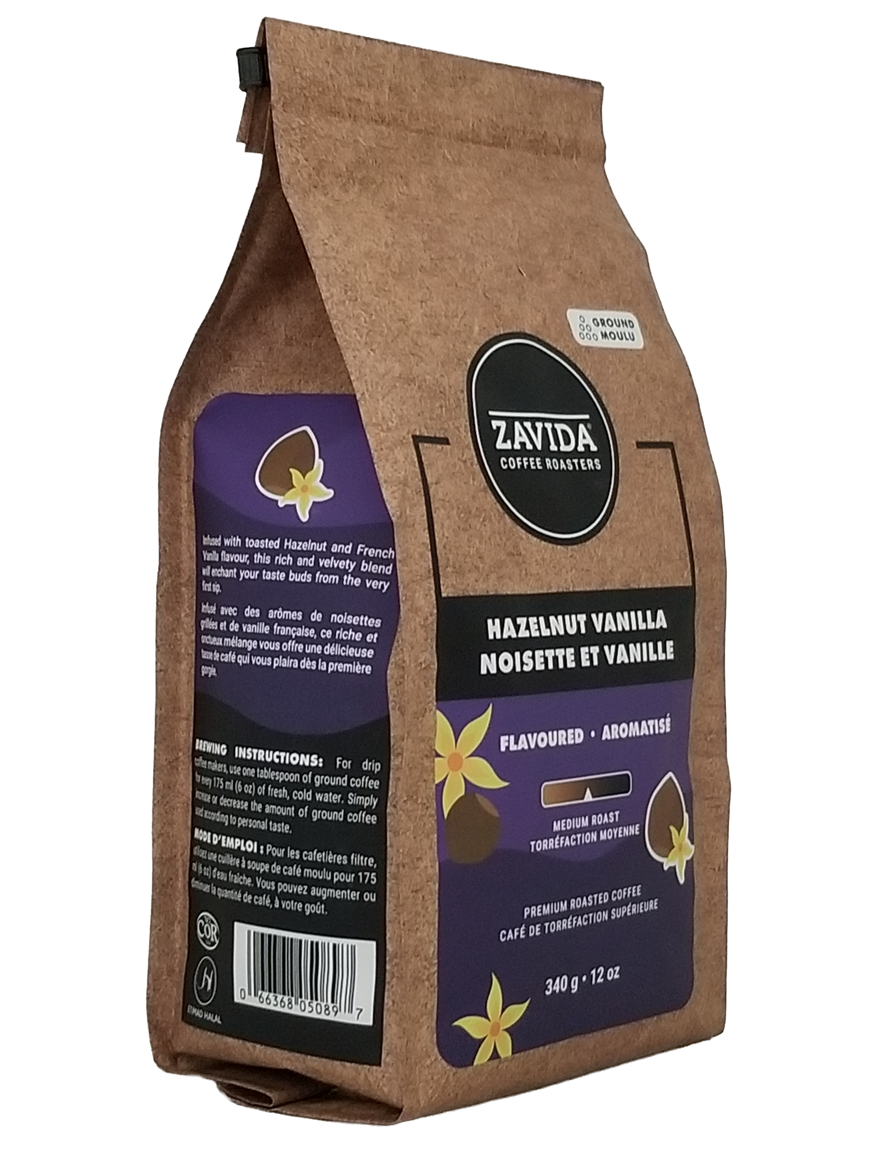 Zavida Premium Hazelnut Vanilla Ground Coffee, 340g/12 oz on a white background
