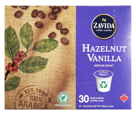 Zavida Hazelnut Vanilla Medium Roast Coffee, K-Cups, 30 Count, 330g/11.64 oz. Box {Imported from Canada}