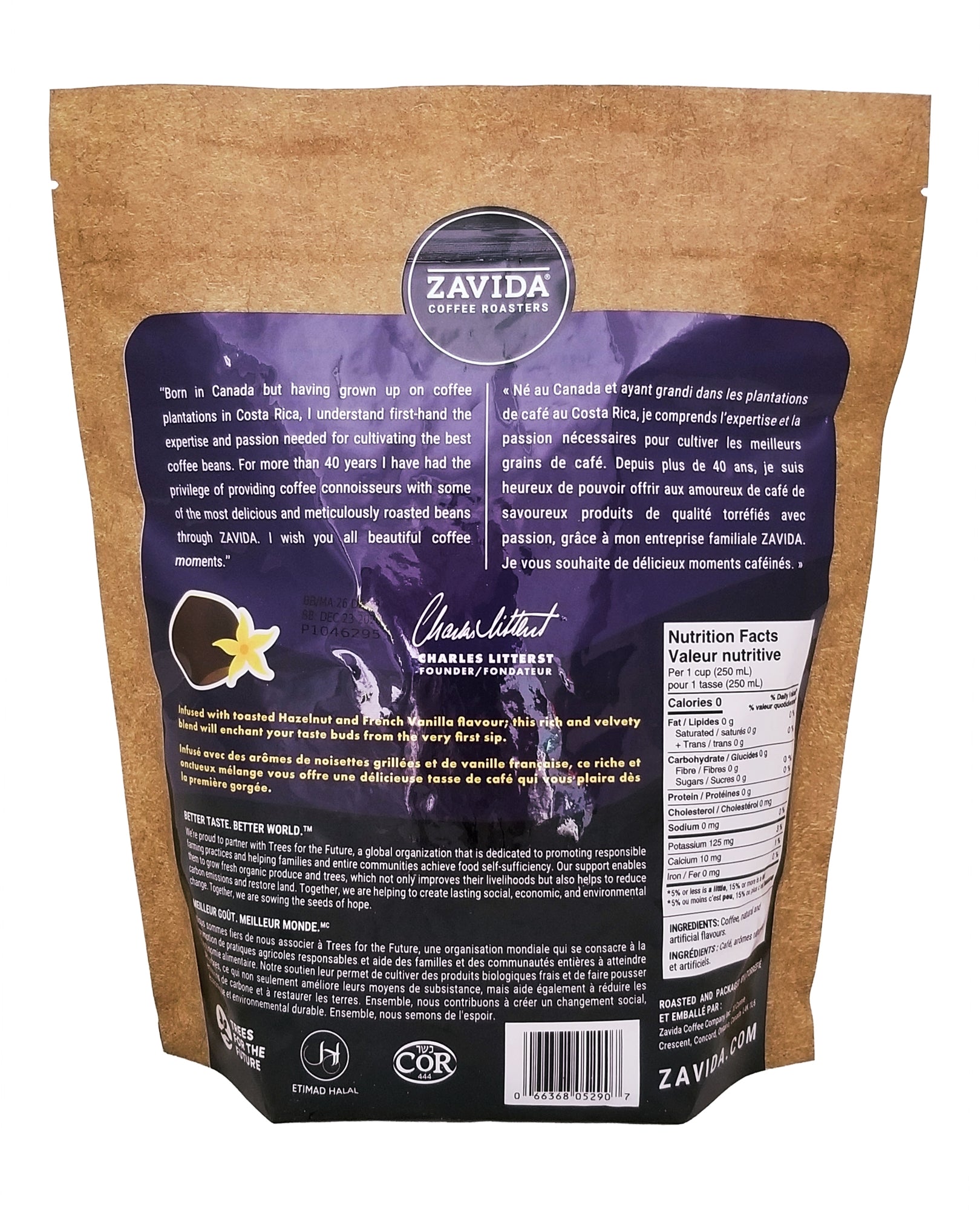 Zavida Hazelnut Vanilla Whole Bean Coffee  package 700g with a brown and purple design on a white background