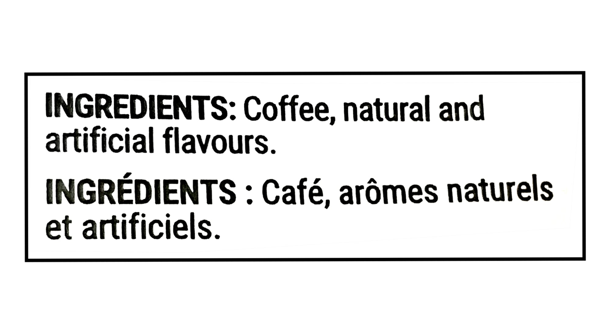 Ingredients label for Zavida Hazelnut Vanilla Whole Bean Coffee 700g on a white background