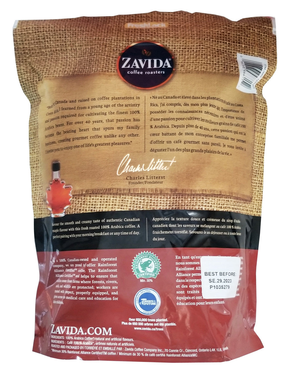 Zavida Canadian Maple, Medium Roast, Premium Whole Bean Coffee, 907g/2 lbs. Bag {Imported from Canada}