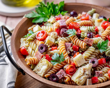 Pasta salad with Kraft Zesty Italian Dressing 