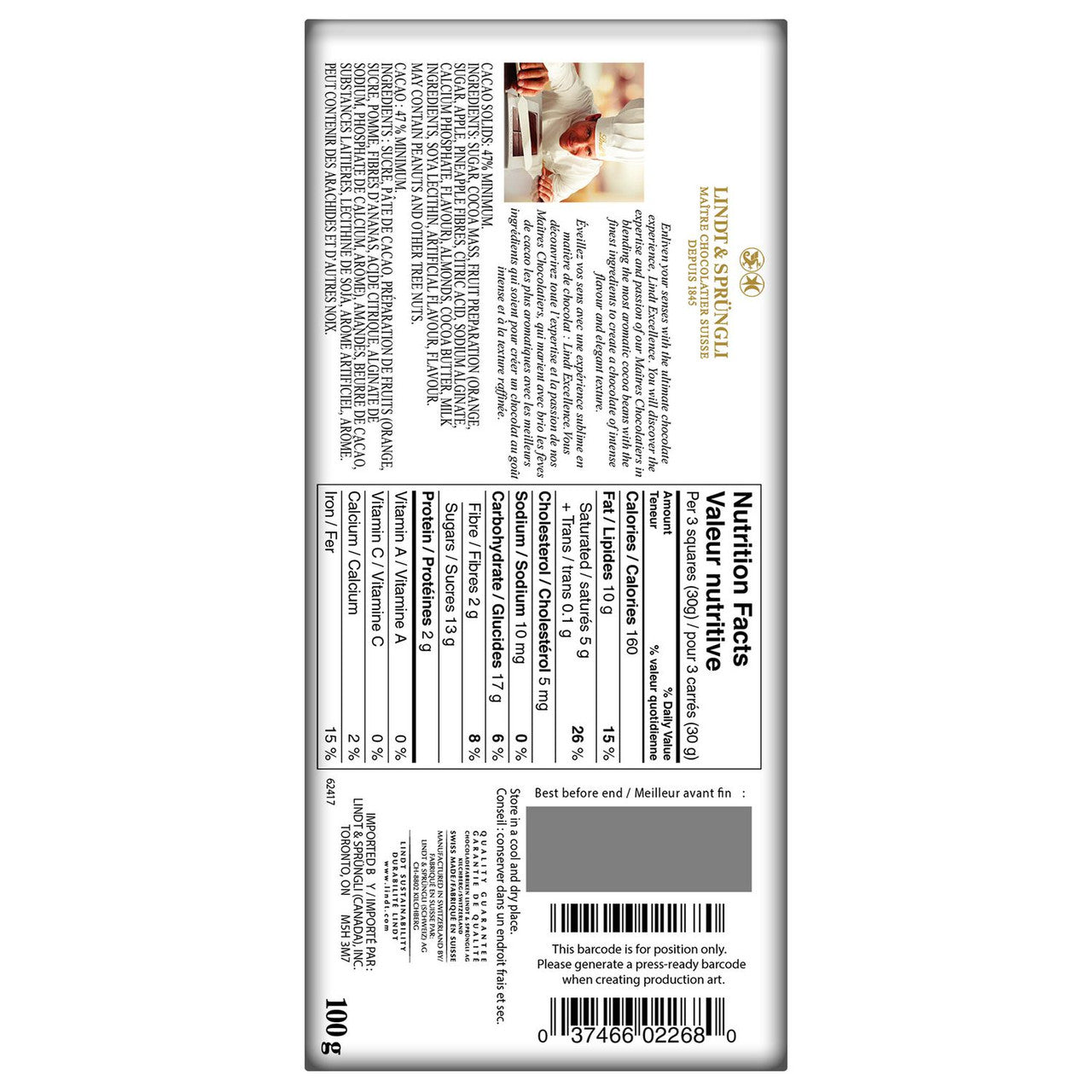 Lindt Excellence Orange Intense Dark Chocolate Bar, 100g/3.5 oz. {Imported from Canada}