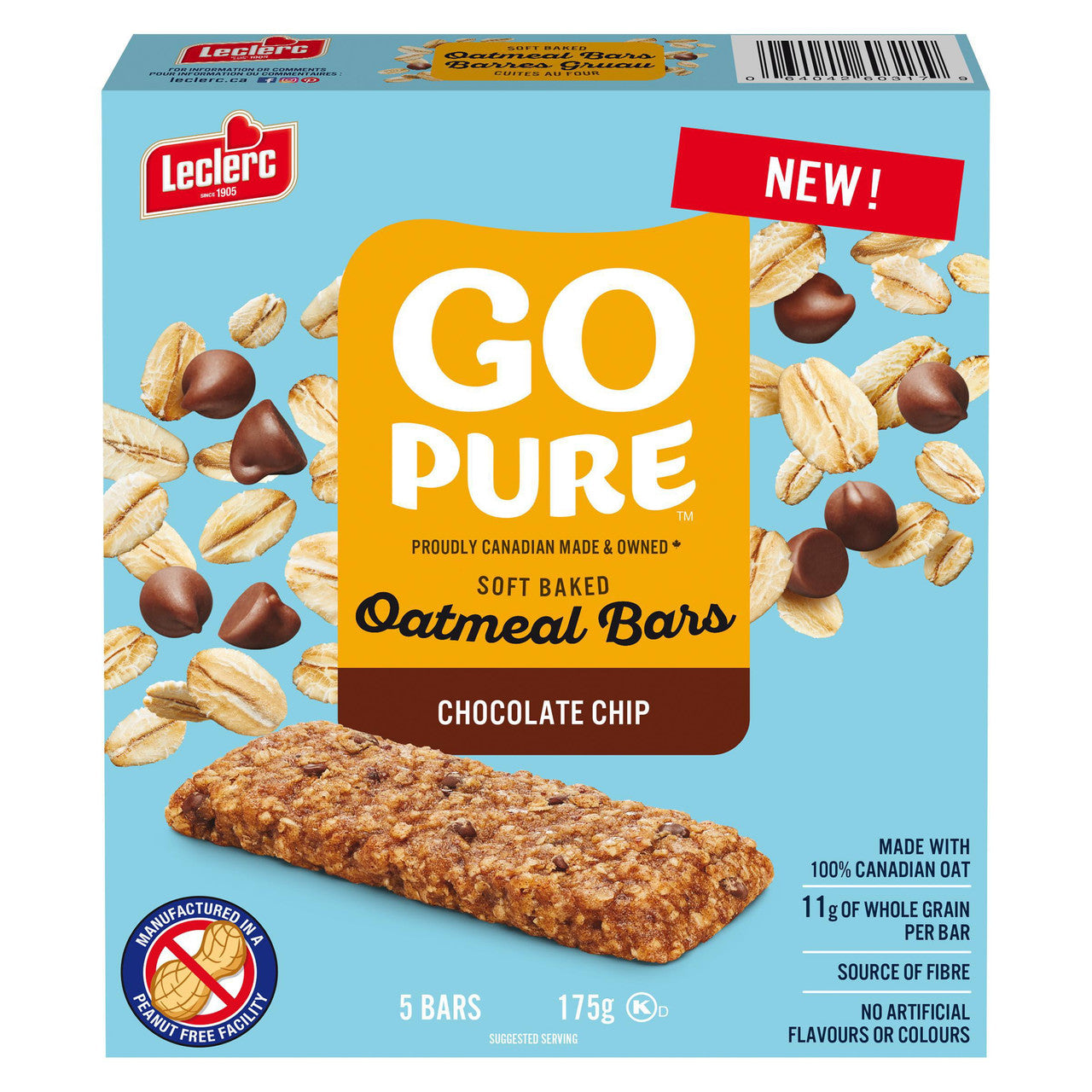 Leclerc Go Pure Chocolate Chip Soft Baked Oatmeal Bars, 175g/6 oz. Box {Imported from Canada}