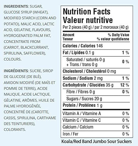 Koala Jumbo Sour Suckers Gummy Candy, Party Size, 1kg/35.3 oz. - Ingredients & Nutrition Facts Label