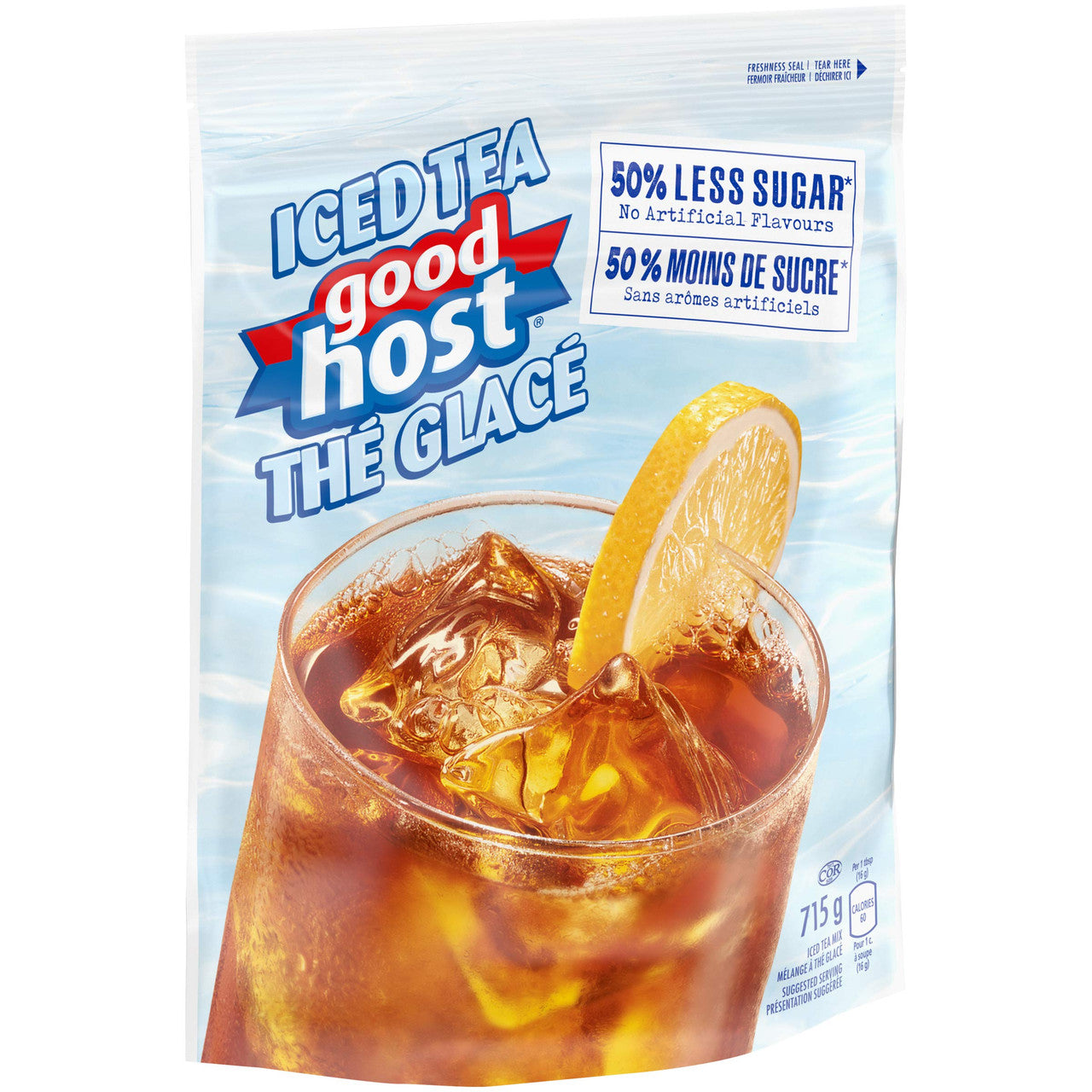 Packaging of GOODHOST Iced Tea Mix with 50% less sugar, featuring a glass of iced tea and a slice of lemon. The package indicates the product is prepared in Canada and contains 715g of tea mix.