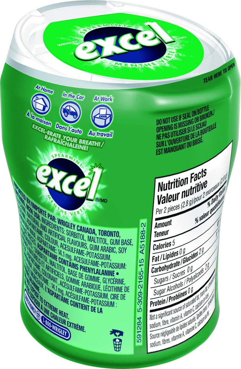 Excel Sugar-Free Gum, Spearmint, 6x60ct, 360 Pieces {Imported from Canada}