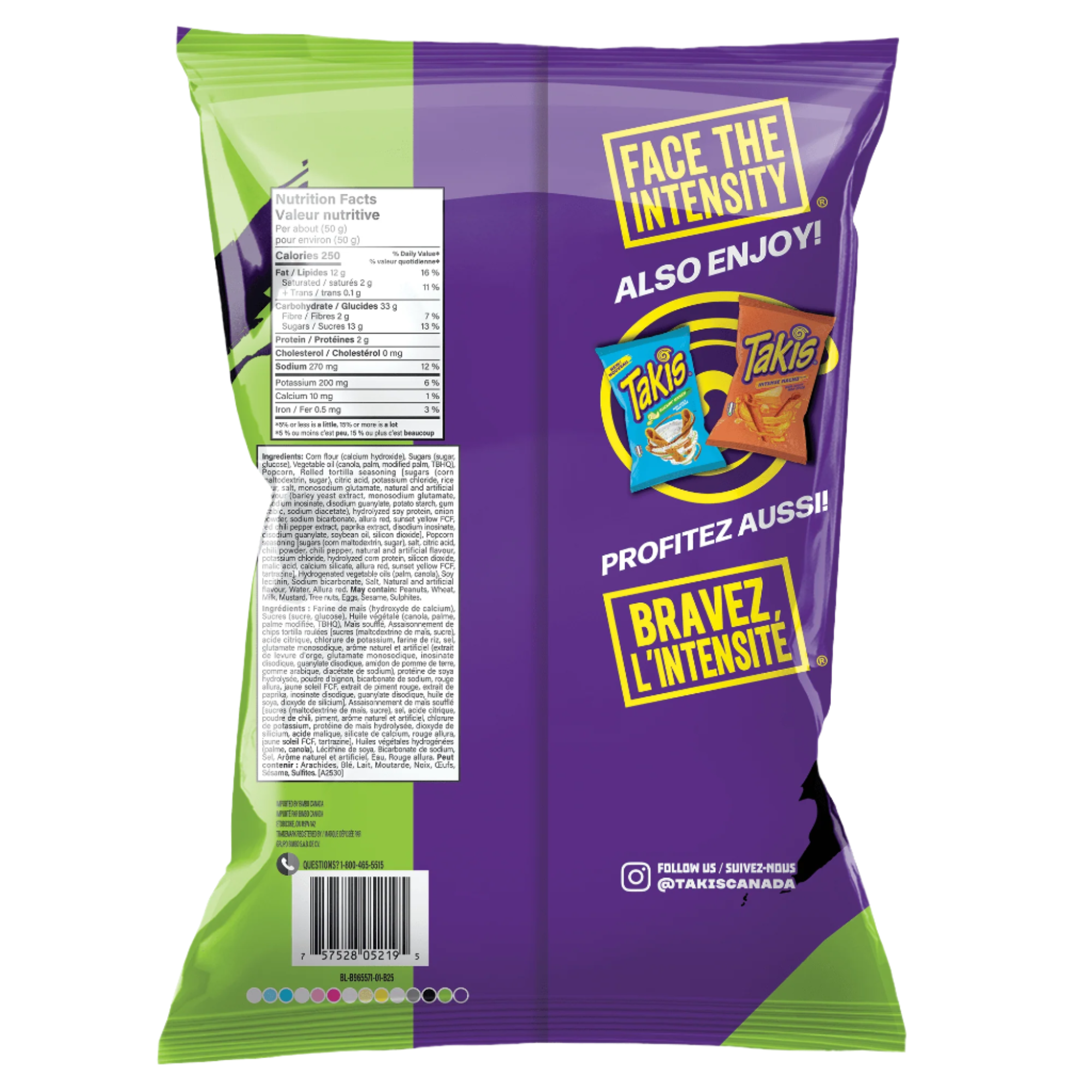 Purple and green Takis snack bag with brand logo and text on a transparent background