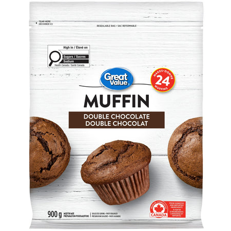 Great Value Double Chocolate Muffin Mix, Makes 24 Muffins - 900g package on a white background