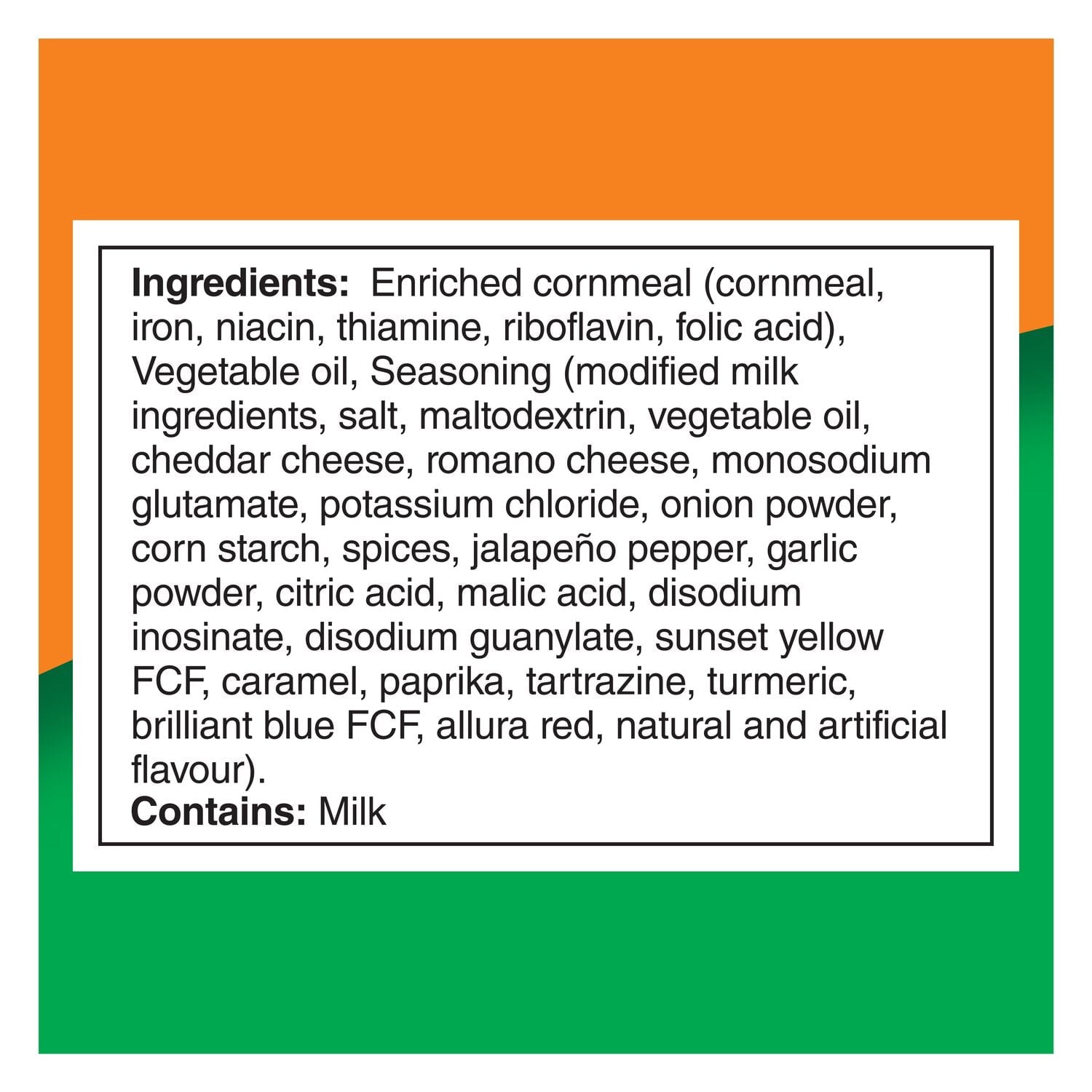 Cheetos Crunchy Cheddar Jalapeno Flavored Puffs, 54g, ingredients label.