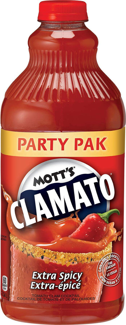 Mott's Clamato Extra Spicy, Caesar Cocktail Mix, 2.54 L/86 fl.oz. Bottle, Pack of 8, {Imported from Canada}