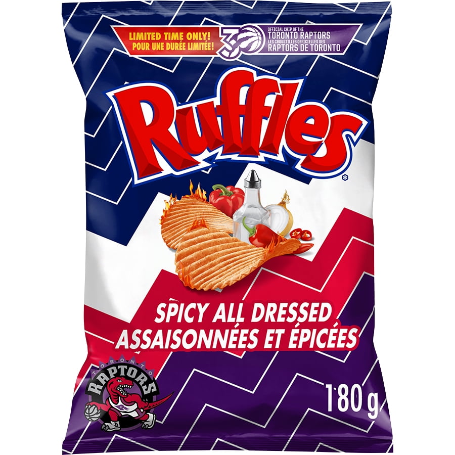 Front of Ruffles Spicy All-Dressed Potato Chips, 180g/6.3 oz., Bag