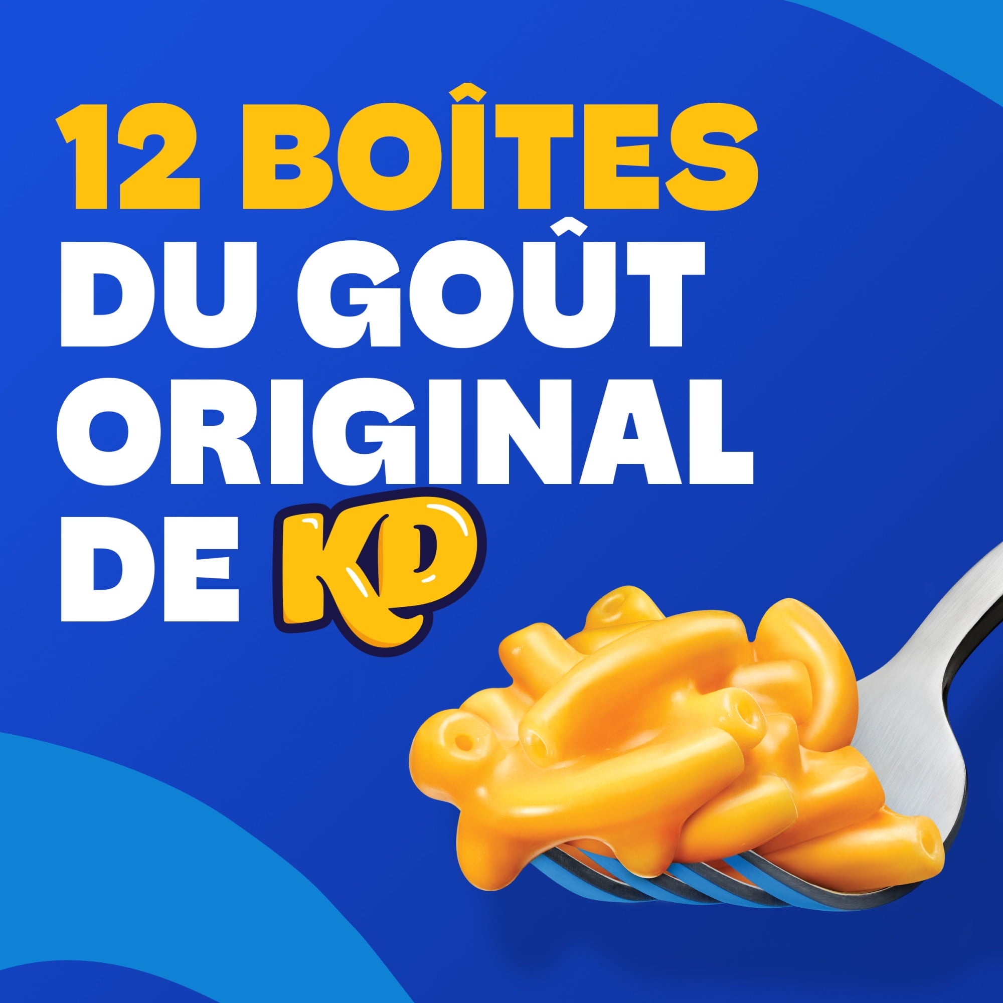 Promotional graphic for KD macaroni and cheese with text on a blue background