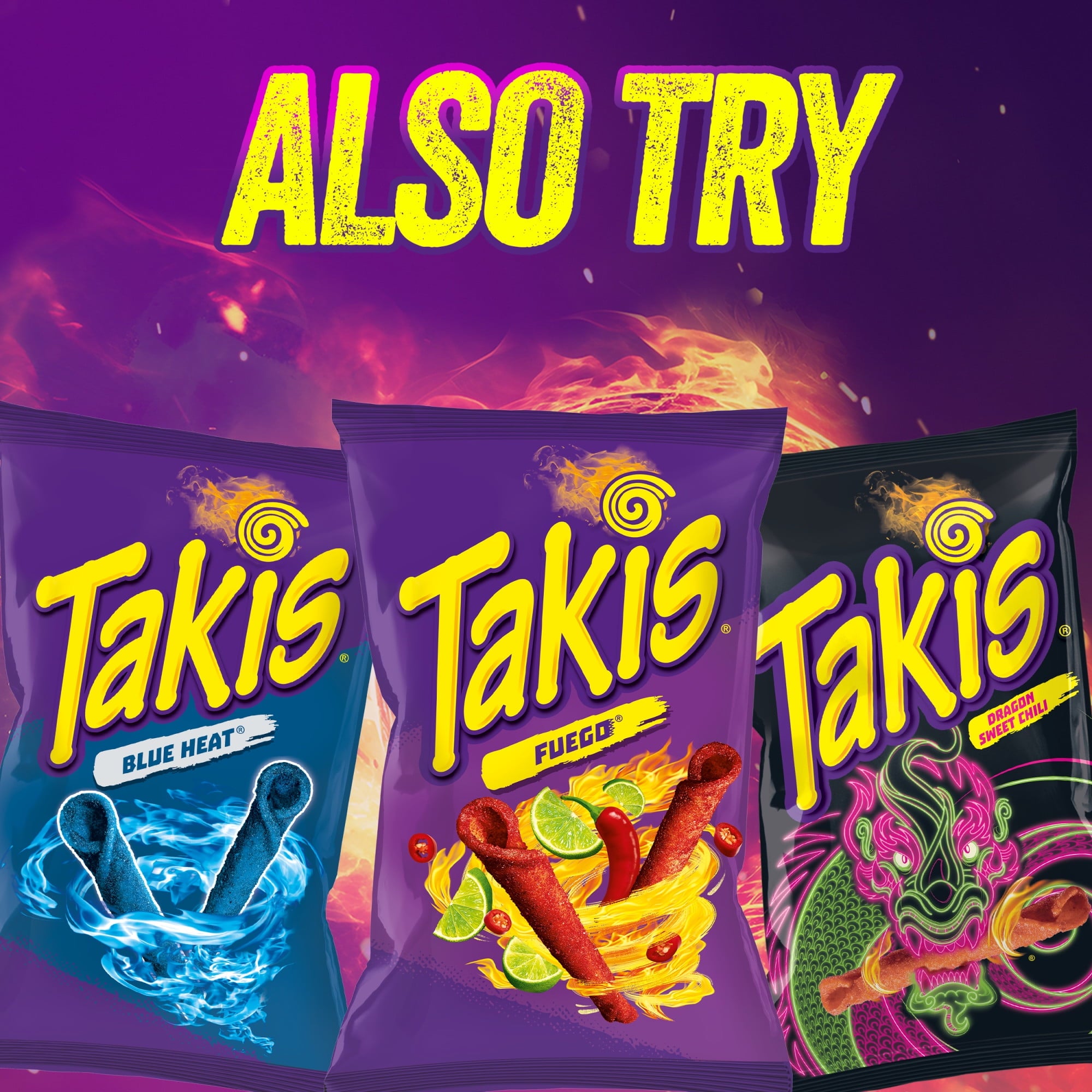 Takis Blue Heat, Fuego & Dragon Sweet Chili Rolled Tortilla Chips