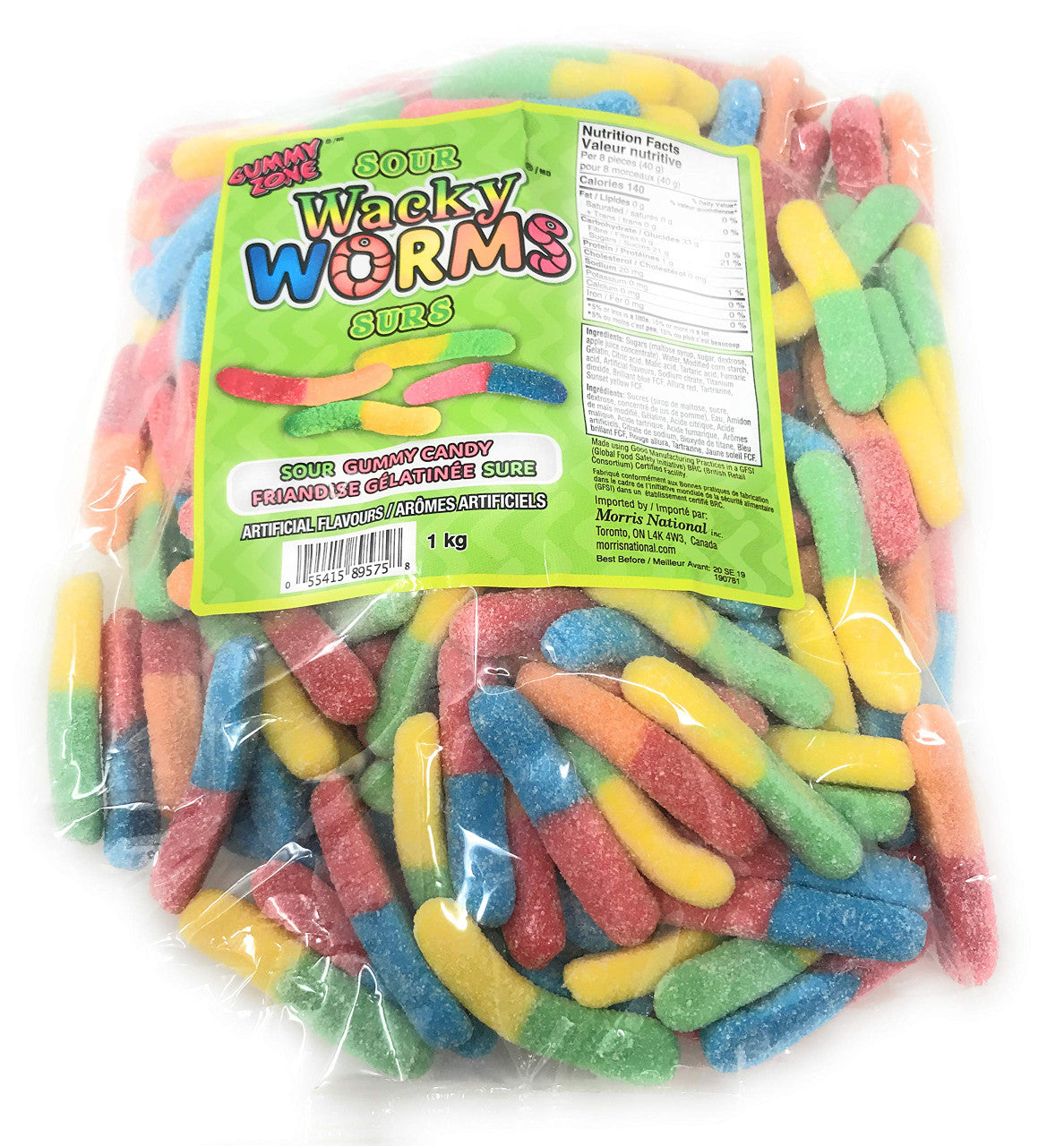 Gummy Zone Sour Neon Wacky Worms, 1kg/2.2lbs, Bag, {Imported from