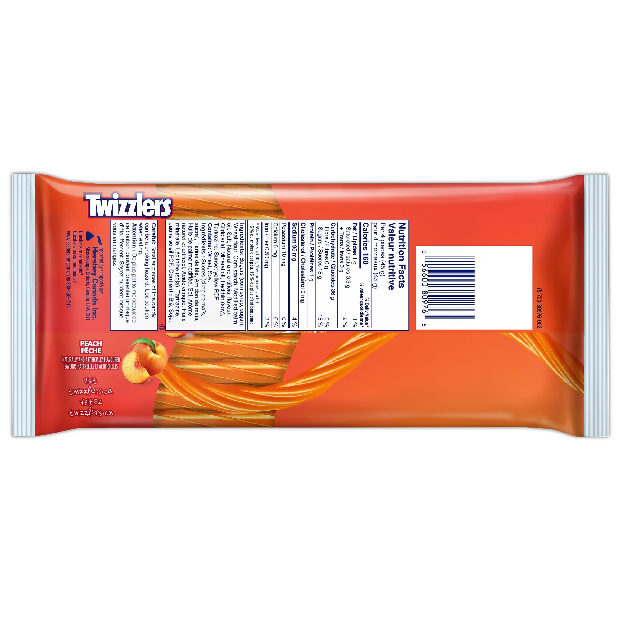 Twizzlers Peach Twists Candy, 453g/16 oz., back of bag.