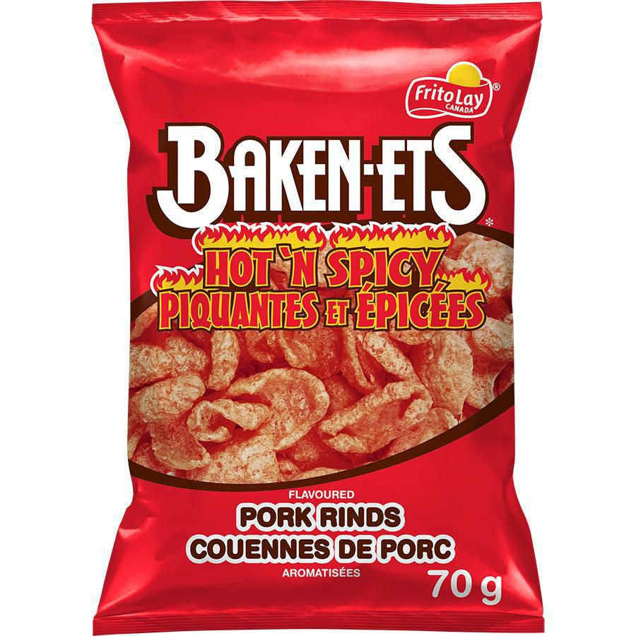 Baken-ets Hot & Spicy Pork Rinds, 70g/2.5oz bag {Imported from Canada}