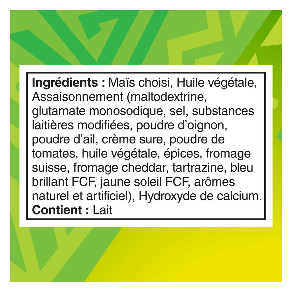 Ingredients list in French for Doritos Guacamole Tortilla Chips, 210g/7.4 oz on a green and yellow background