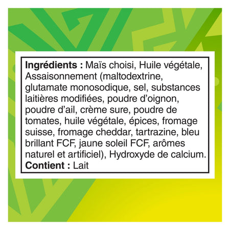 Ingredients list in French for Doritos Guacamole Tortilla Chips, 210g/7.4 oz on a green and yellow background