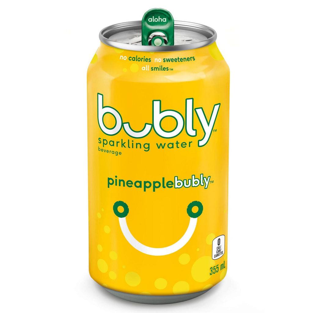 Bubly Pineapple Sparkling Water Beverage, 12x355ml cans, 4.26L/144 oz., front of one can.