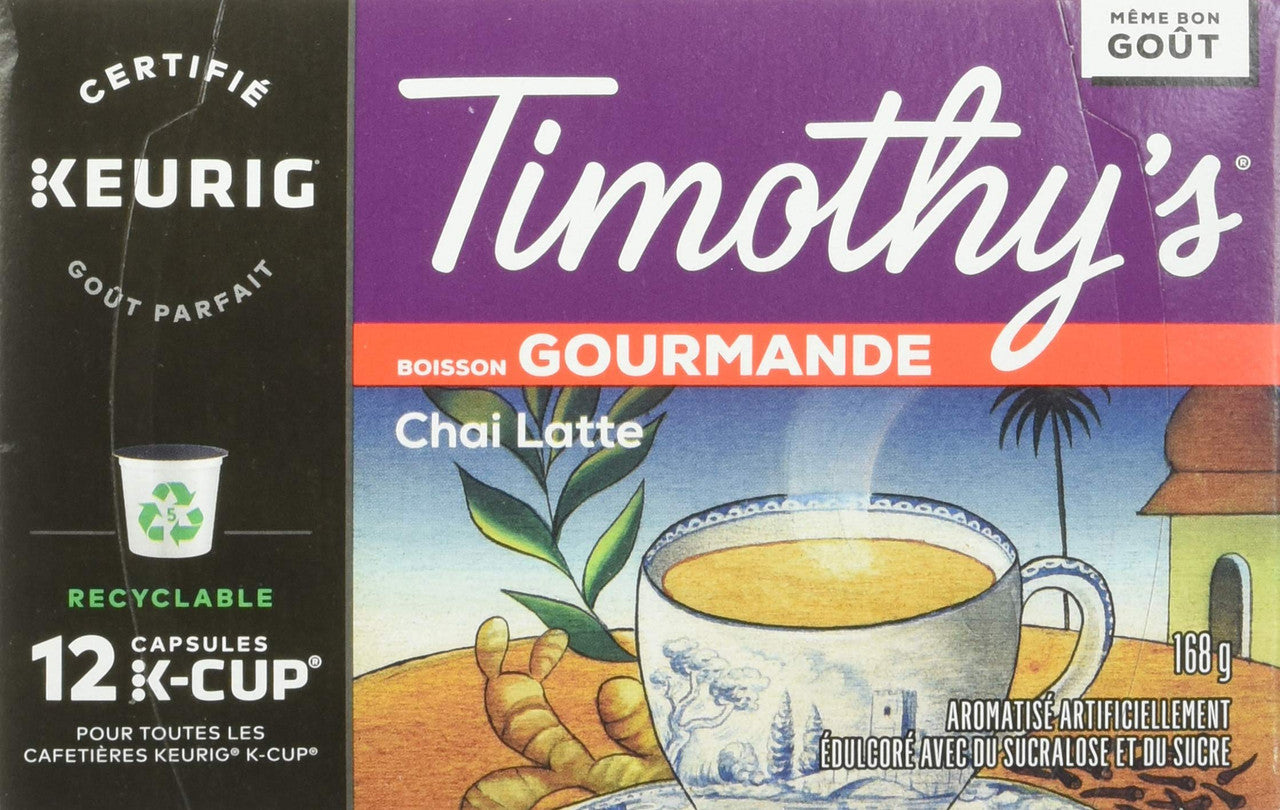Timothy's Chai Latte Single Serve Keurig Certified Recyclable K-Cup pods for Keurig Brewers, 12 Count {Imported from Canada}