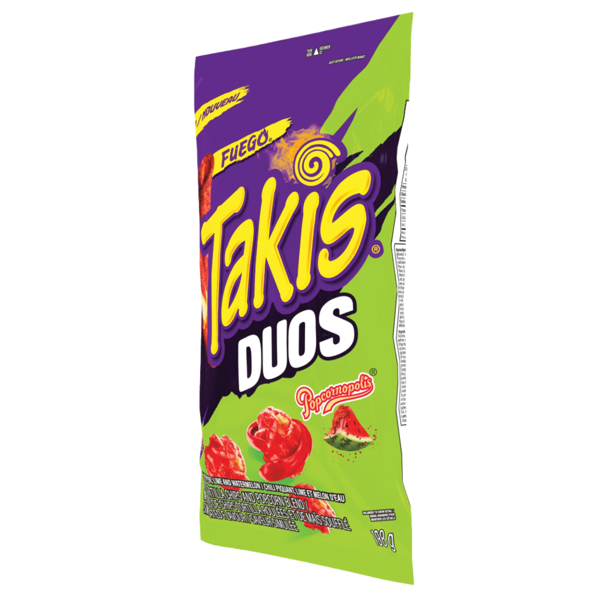 TAKIS Duos Fuego Tortilla Chips, 198g/6.9 oz with purple and green design on a transparent background