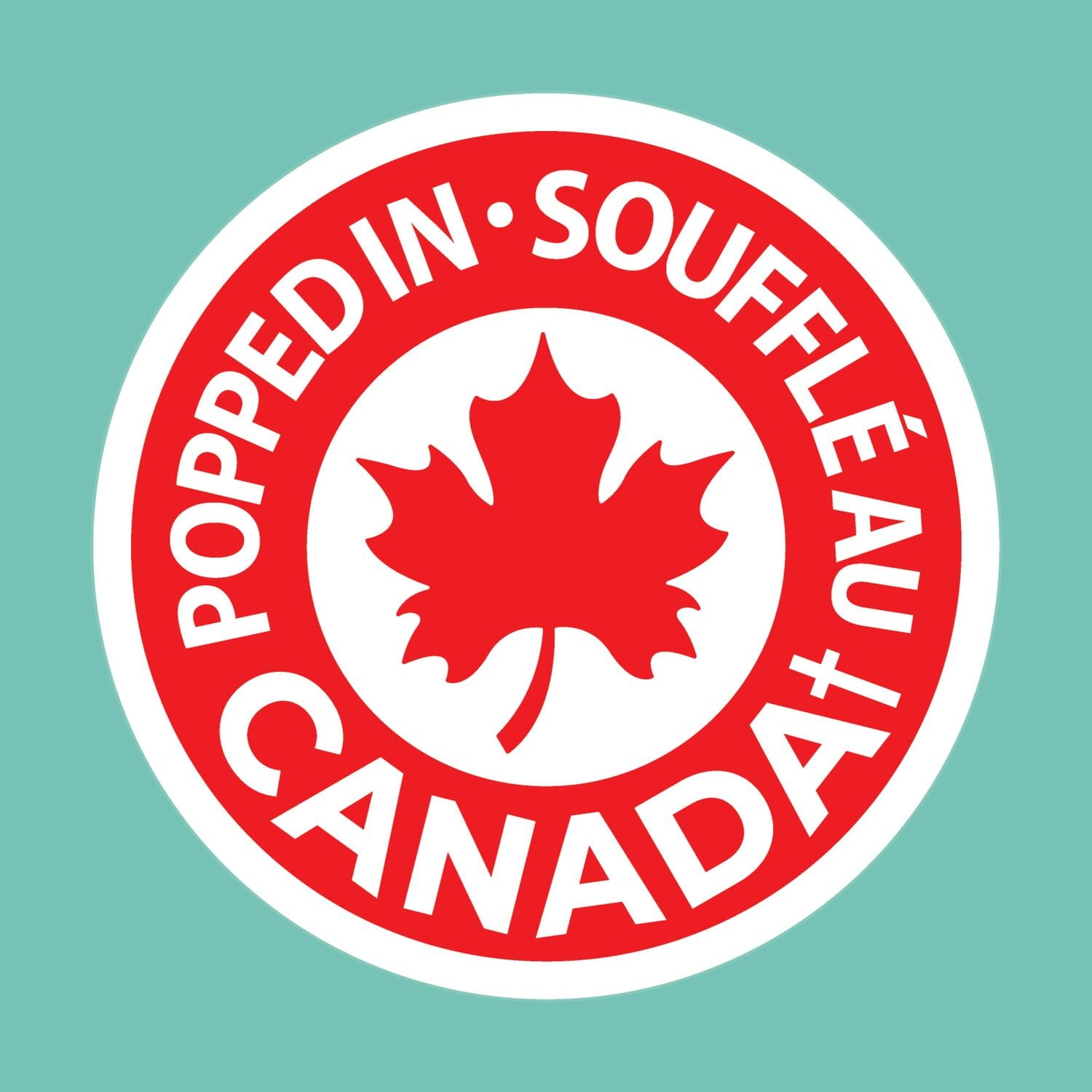 'Popped in Canada' Logo with a red maple leaf and text on a teal background