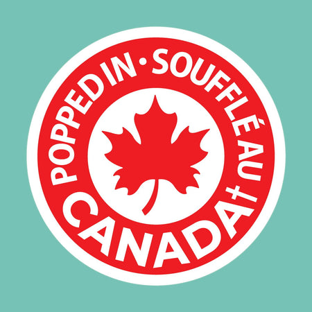 'Popped in Canada' Logo with a red maple leaf and text on a teal background