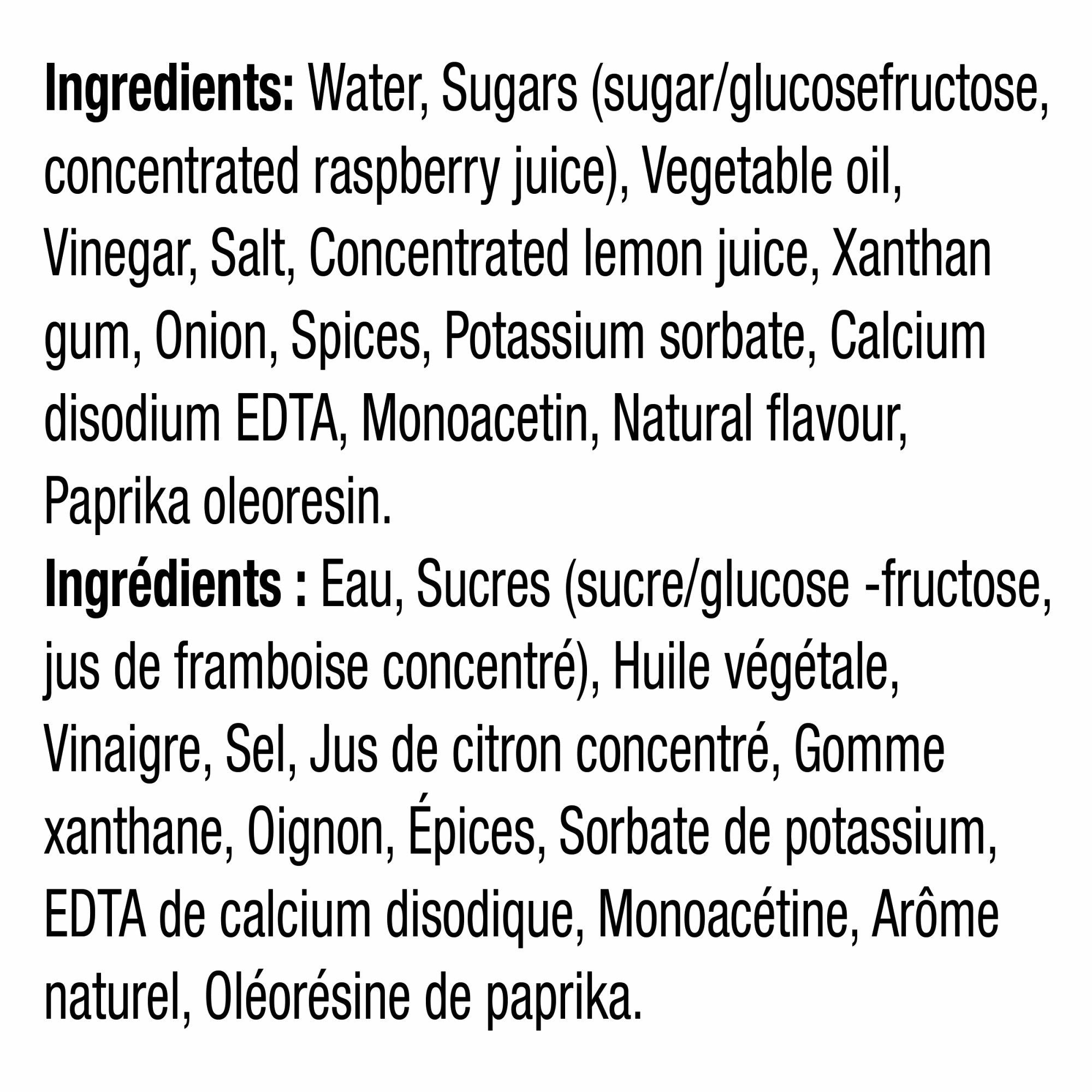 Kraft Raspberry Vinaigrette Dressing 425ml/14.4 oz., Bottle, ingredients label