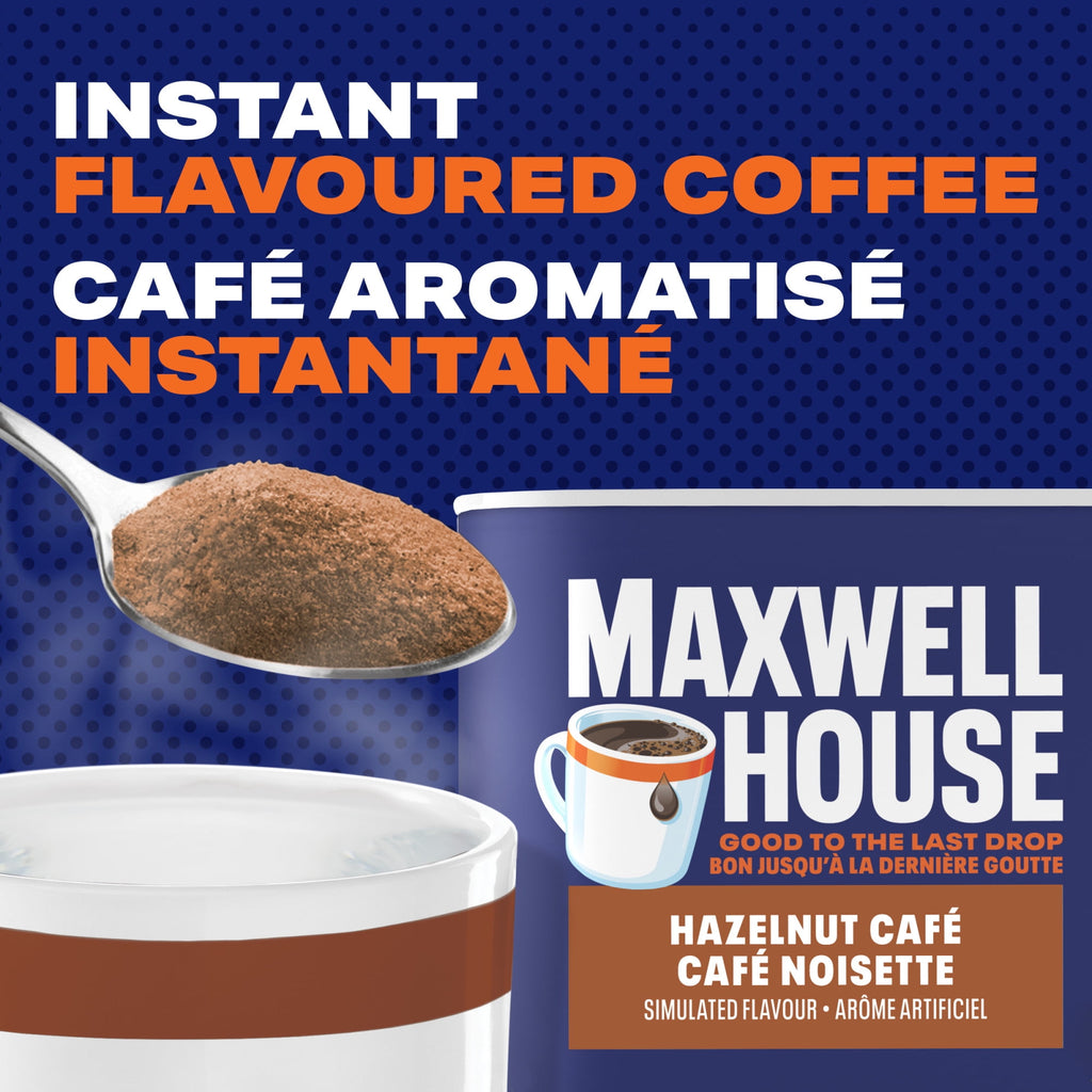 Maxwell House instant flavored coffee packaging with a spoonful of coffee powder on a blue background.