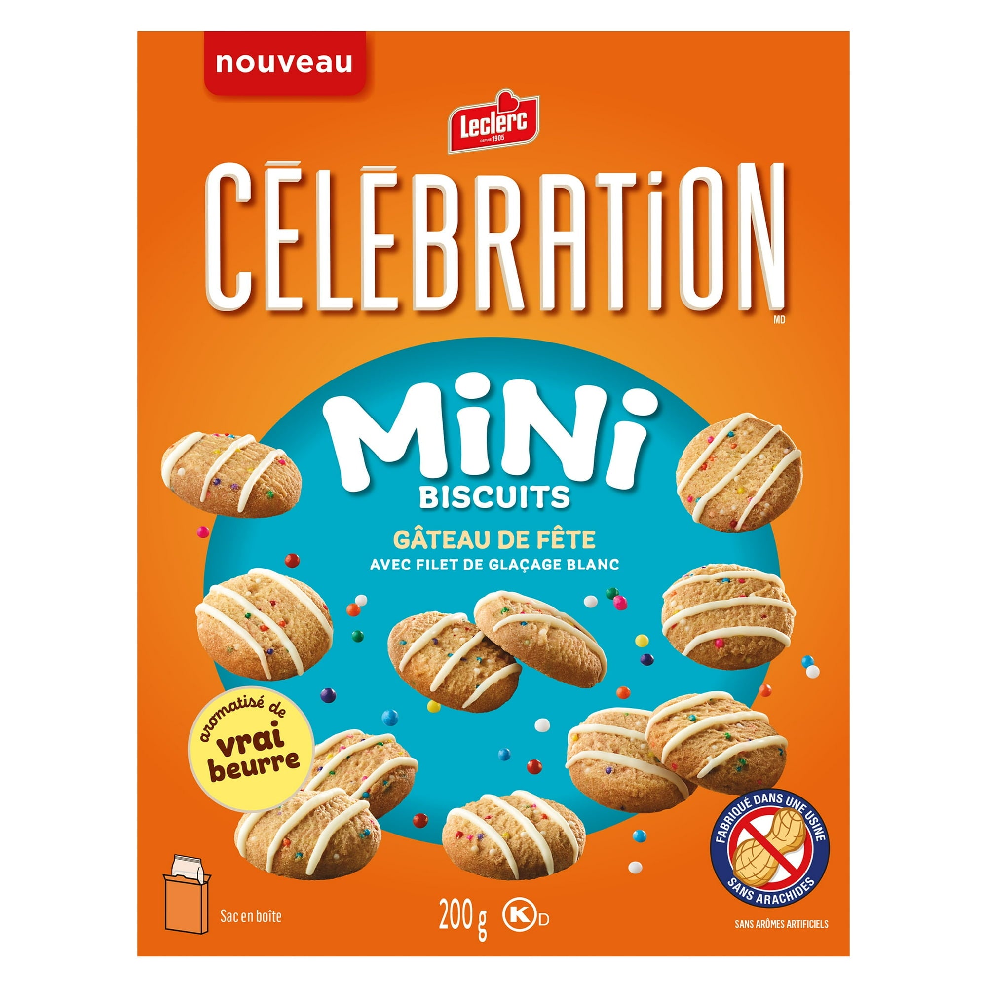 Box of Leclerc Mini Biscuits with orange background and images of cookies.
