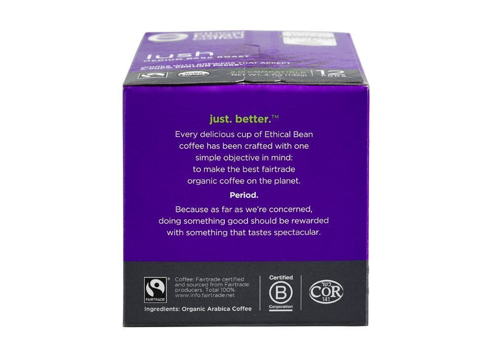ETHICAL BEAN Lush Medium Dark Roast Coffee, 132g/4.7 oz., 12ct Box {Imported from Canada}