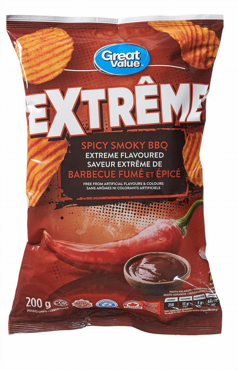 Great Value, Gluten Free Spicy Smoky BBQ Extreme Flavoured Rippled Chips, 200g/7oz. (Imported from Canada)