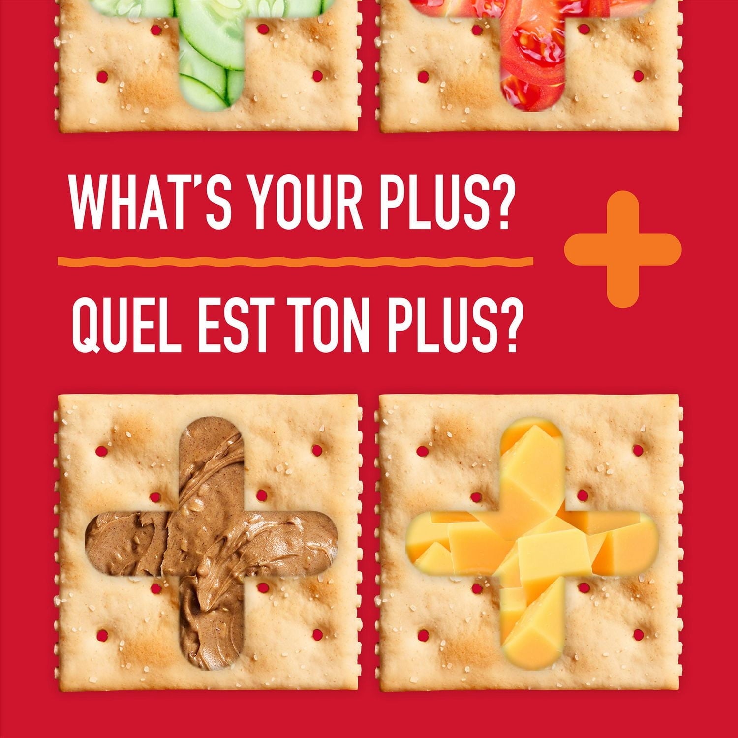 Crackers with various toppings on a red background with text 'What's your plus?'