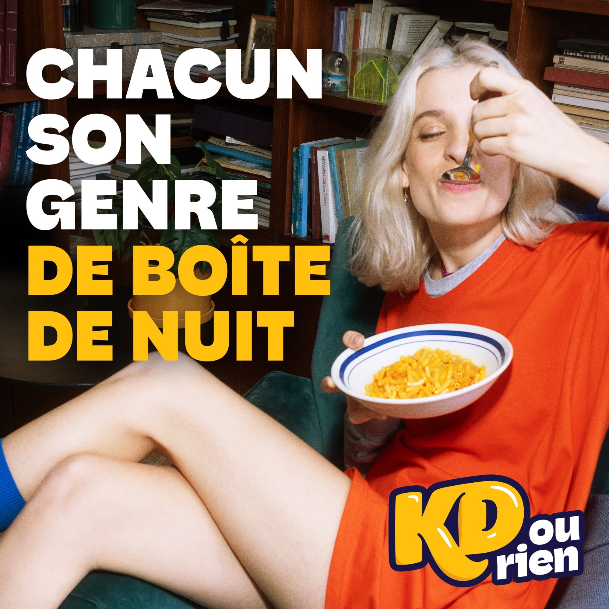 Person eating from a bowl with text and brand logo in the background