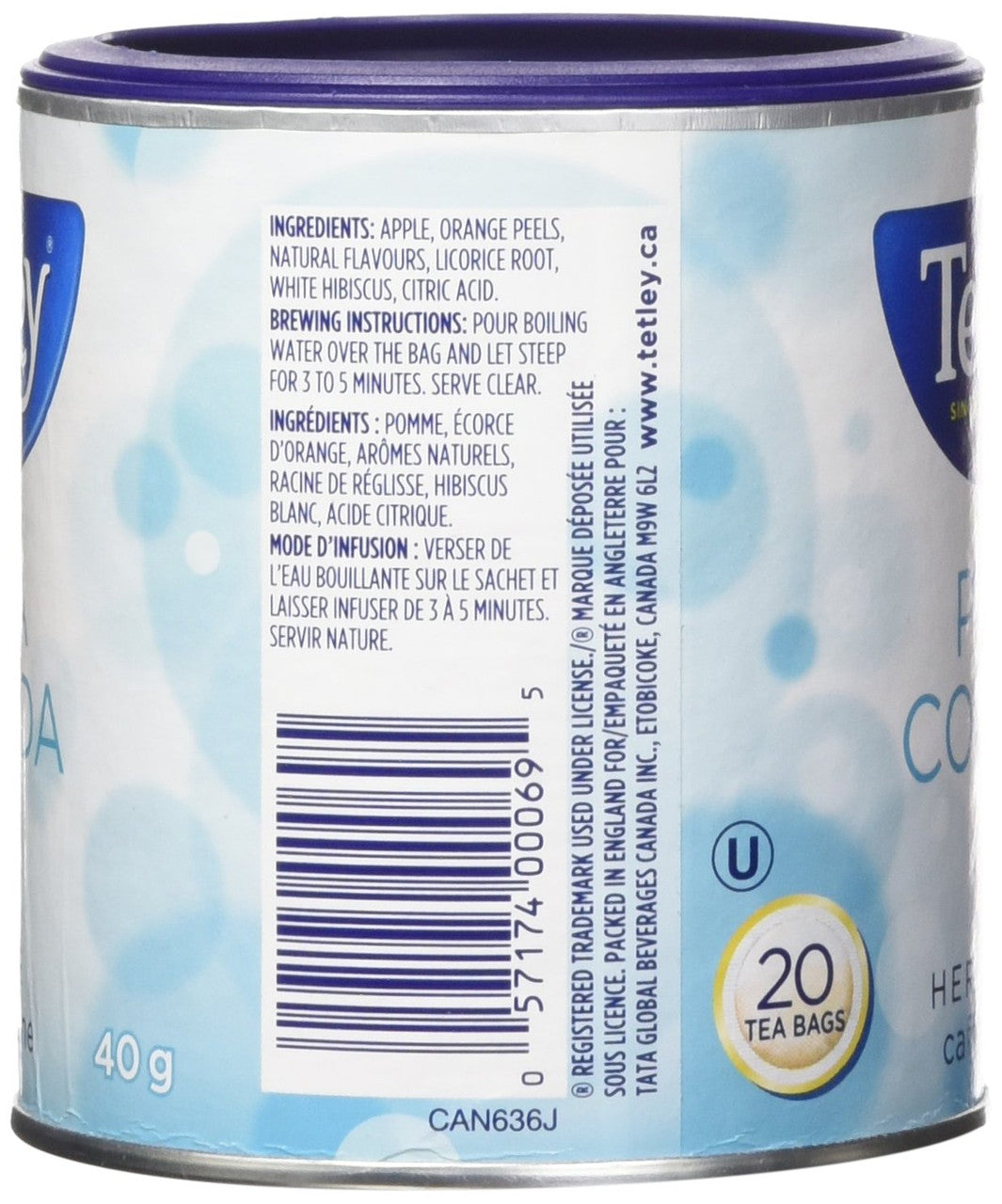 Tetley Pina Colada Herbal Tea Caffeine Free 20 Tea Bags{Imported from Canada}