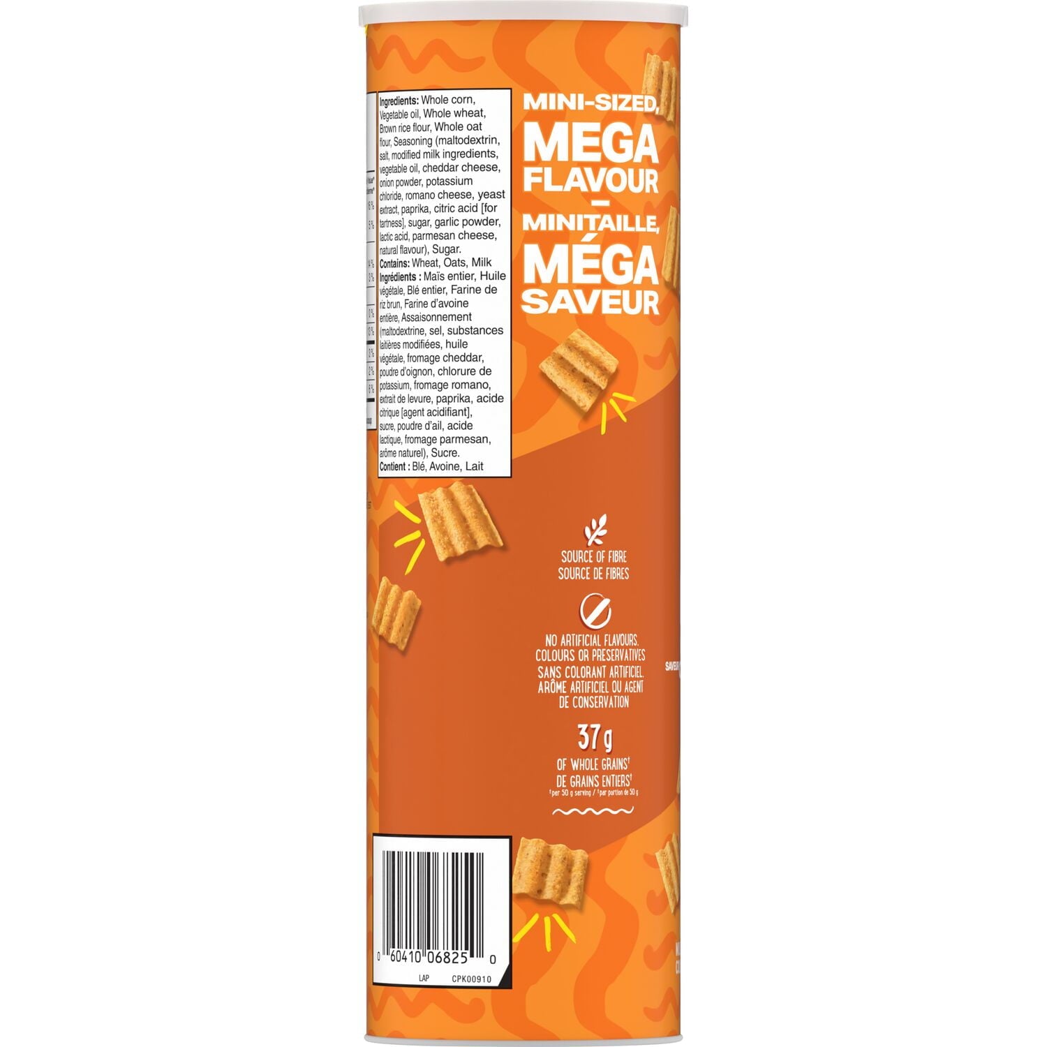 SunChips Harvest Cheddar Flavored Multigrain Snacks, 106g, back of canister.