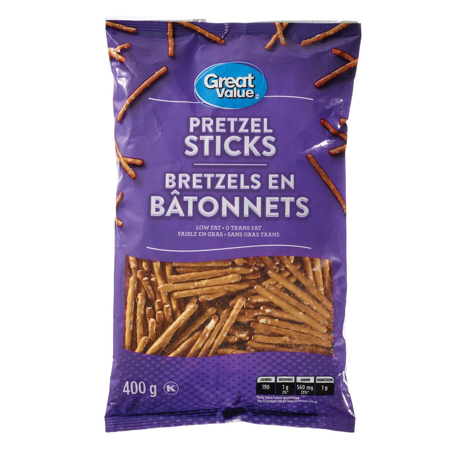 Purple package of Great Value Pretzel Sticks on a white background