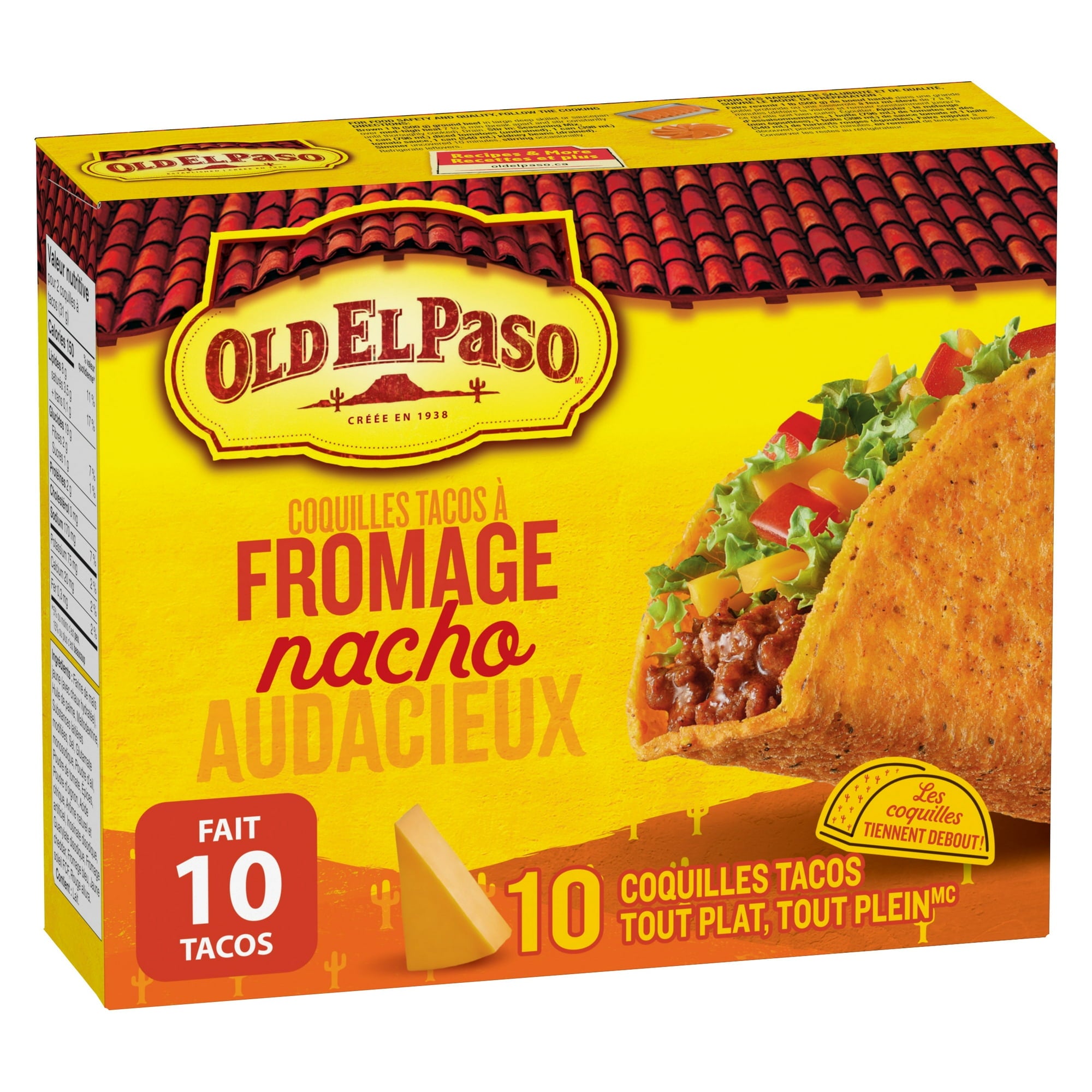 Old El Paso cheese taco shells packaging with a yellow background and taco illustration.