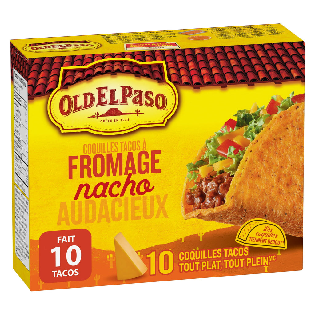Old El Paso cheese taco shells packaging with a yellow background and taco illustration.