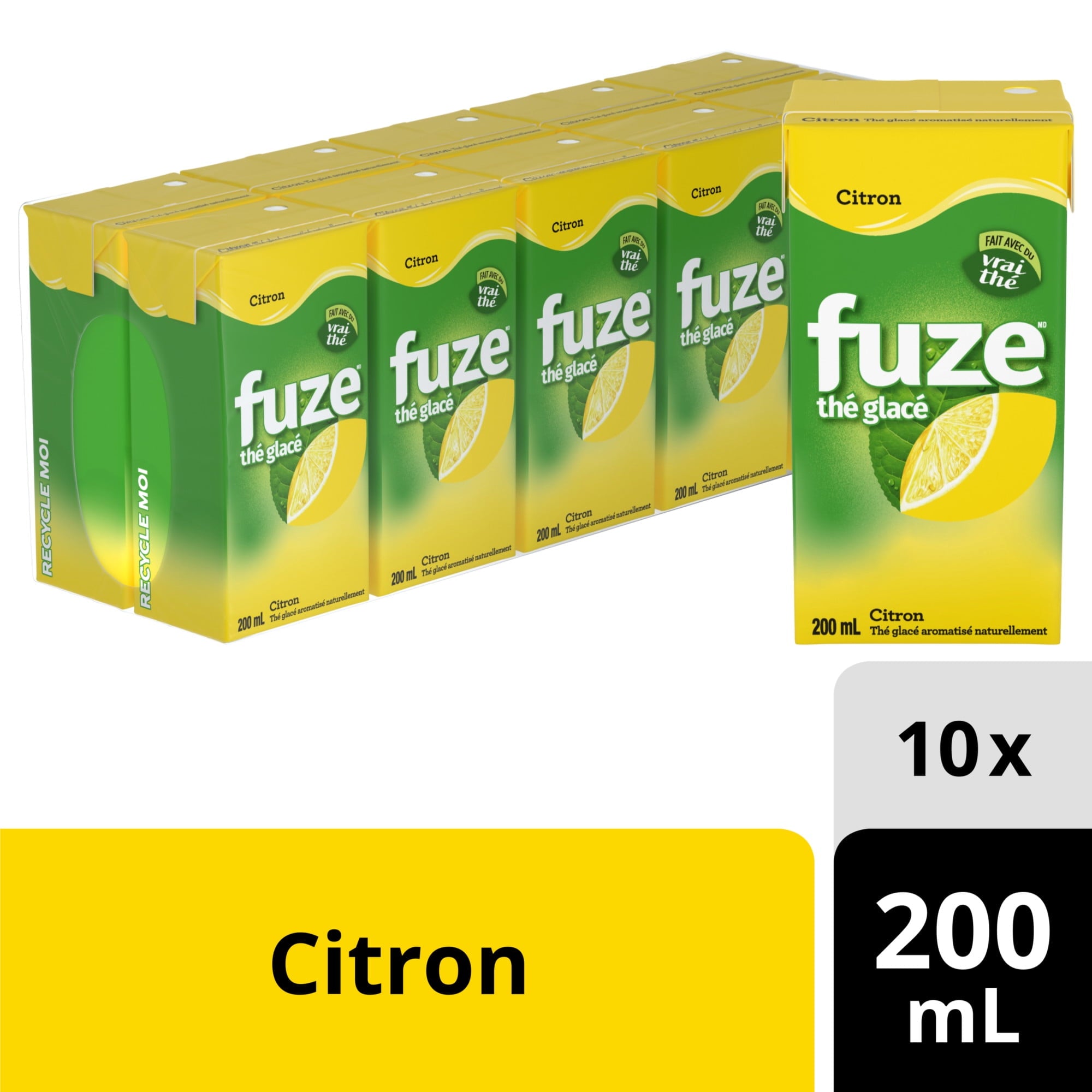 Multiple boxes of fuze Citron-flavored drink on a white background