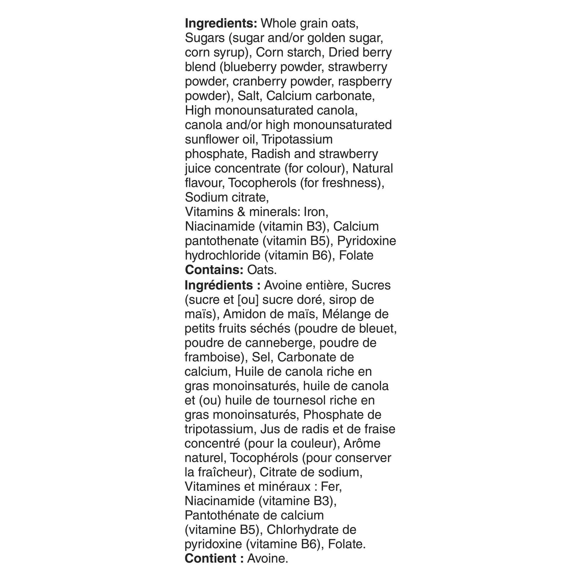 List of ingredients for Cheerios Very Berry Cereal, 411g/14.4 oz on a white background