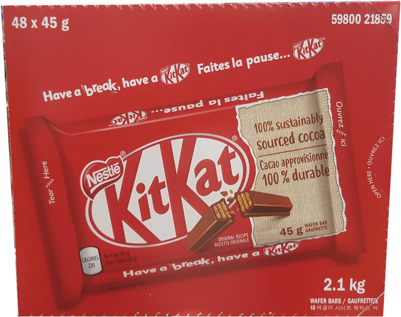 Nestle Kit Kat Chocolate Bars, 48ct X 45g/1.6oz., {Imported from Canada}