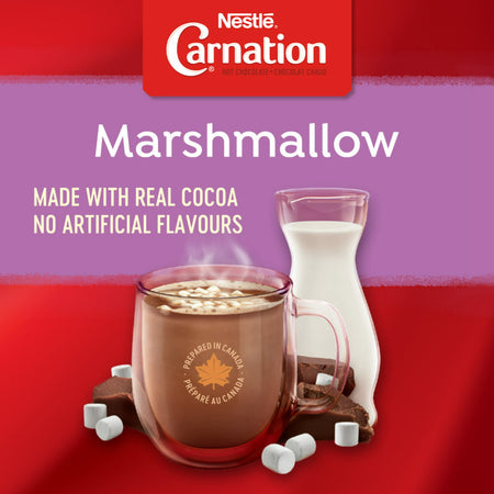 Nestle Carnation marshmallow chocolate product with a glass of hot chocolate and marshmallows on a red and purple background.