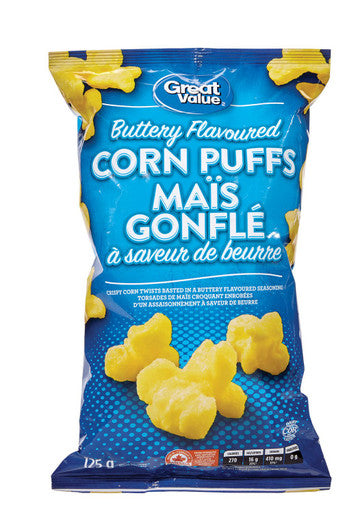 Great Value Buttery Flavoured Corn Puffs, 125g/4.4oz Bag, (Imported from Canada)