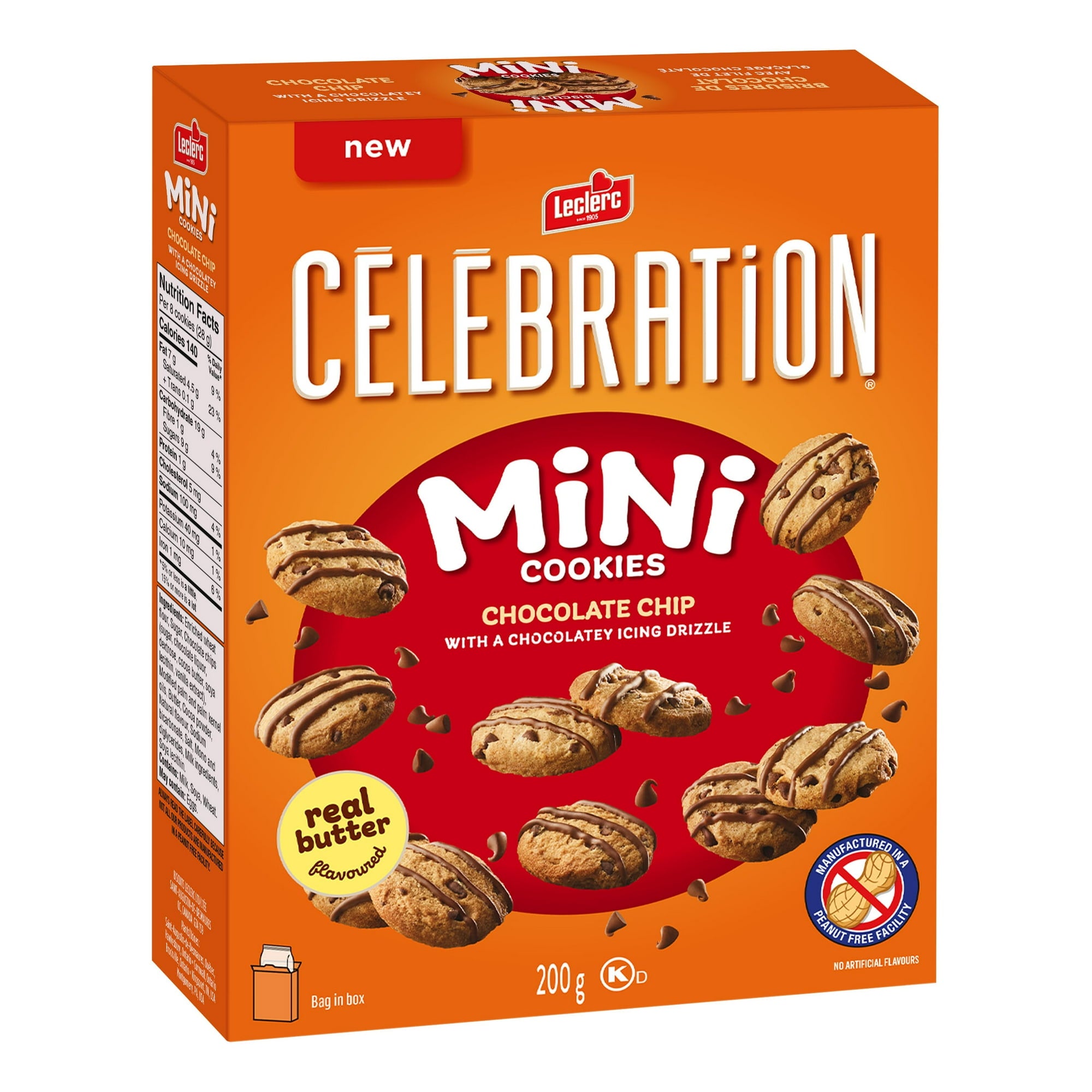 Box of Celebration Mini Cookies with chocolate chip flavor on an orange background