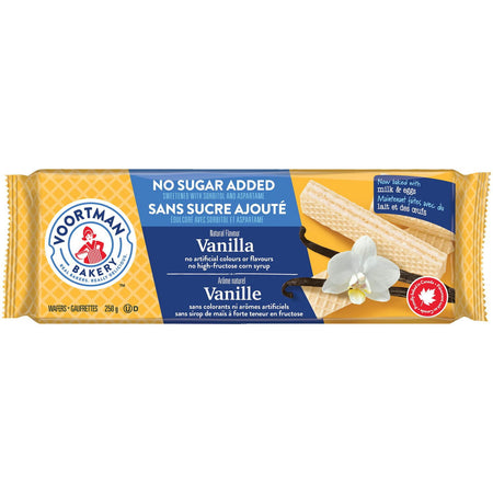 Voortman No Sugar Added Vanilla Flavored Wafers, 250g/8.8 oz. Package, front of package.