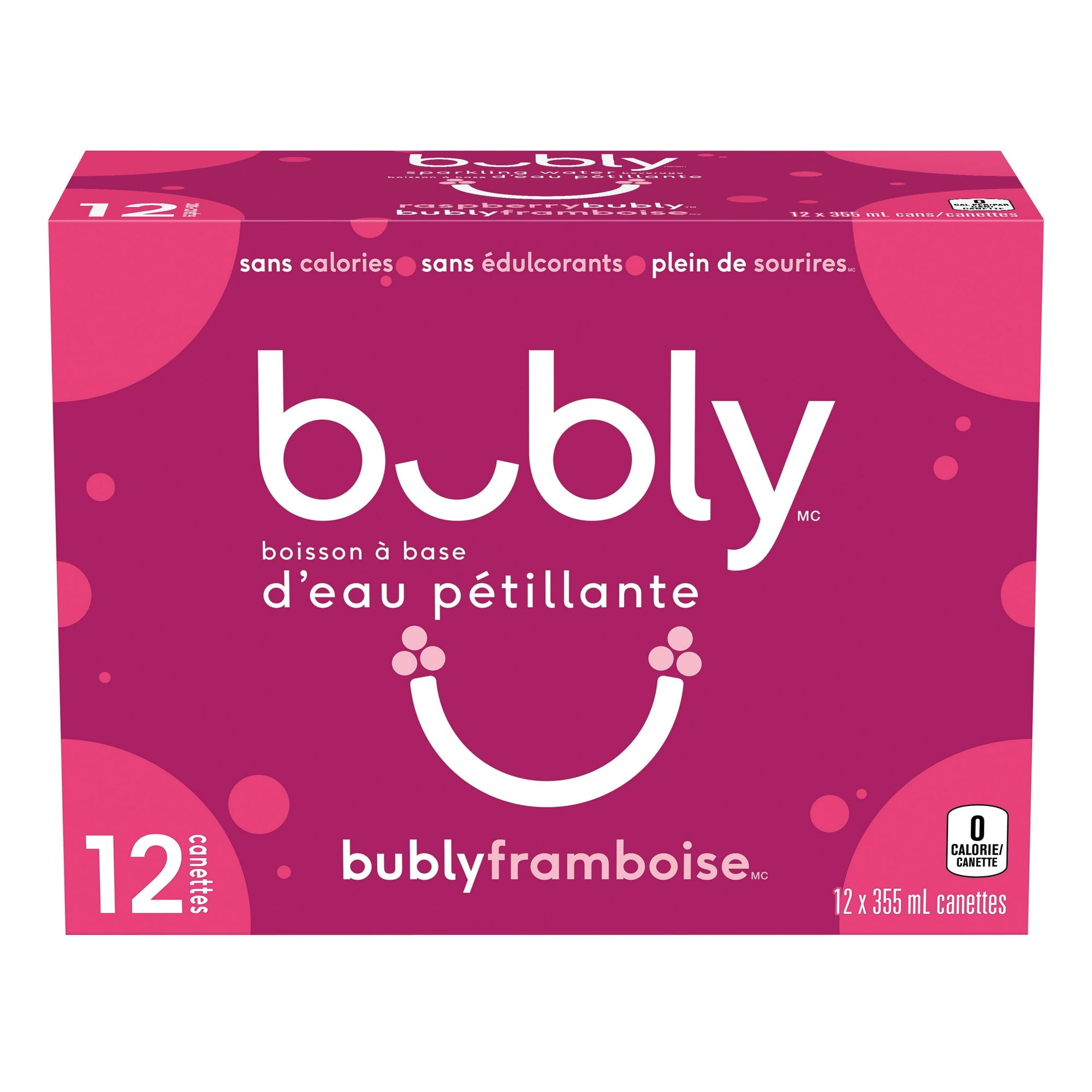 Front of Bubly Raspberry Sparkling Water Beverage, 12x355ml cans, 4.26L/144 oz in French